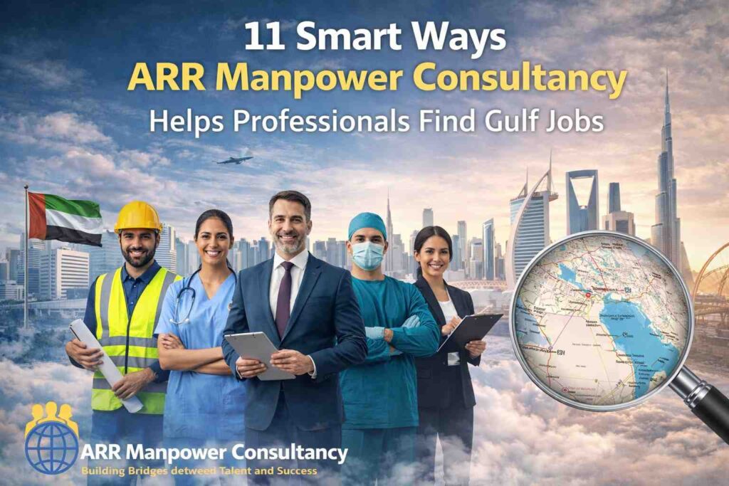 Featured image showing “11 Smart Ways ARR Manpower Consultancy Helps Professionals Find Gulf Jobs” with diverse professionals including a doctor, engineer, and healthcare worker standing in front of a Gulf city skyline, highlighting international job opportunities through ARR Manpower Consultancy.