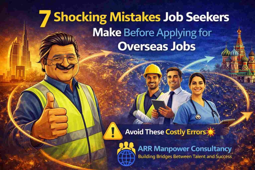 “7 shocking mistakes job seekers make before applying for overseas jobs with global career theme and ARR Manpower Consultancy branding”