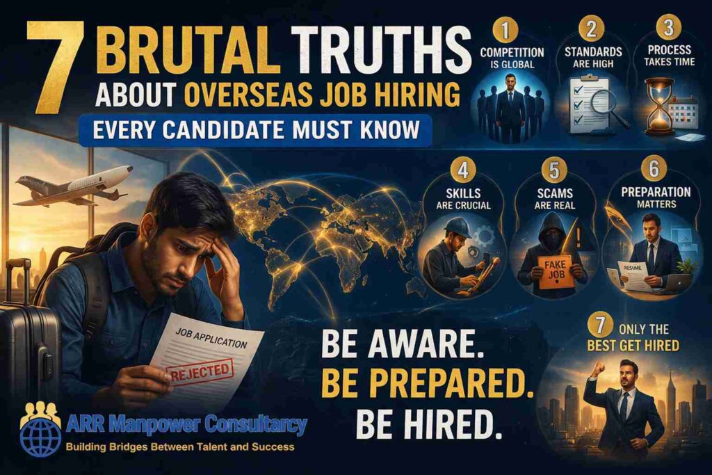 “Stressed candidate holding rejected overseas job application while recruiter refuses documents, showing challenges in international hiring process”