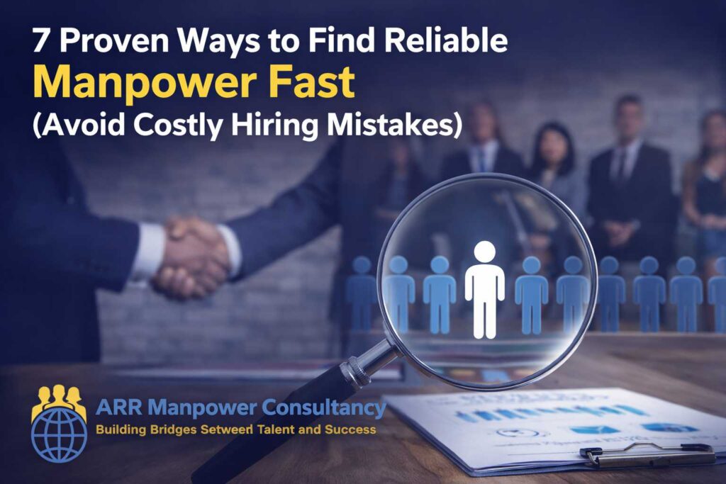 “Business professionals shaking hands with magnifying glass focusing on selected candidate, representing fast and reliable manpower hiring solutions”