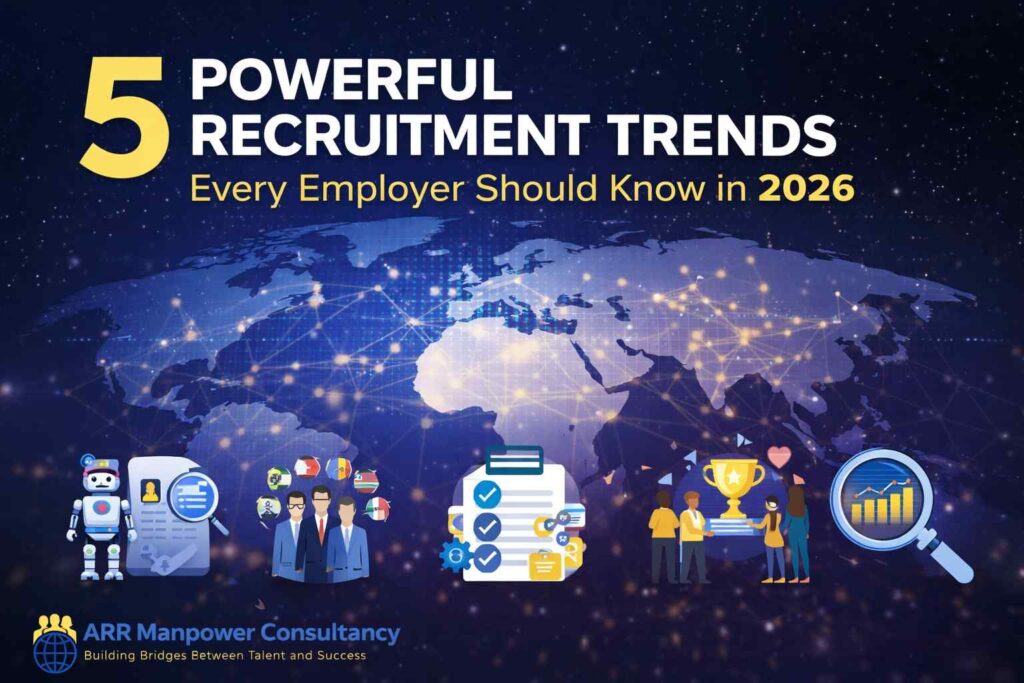“5 Powerful Recruitment Trends Every Employer Should Know in 2026 – global hiring, AI recruitment, and workforce strategy illustrated with world map and icons by ARR Manpower Consultancy.”