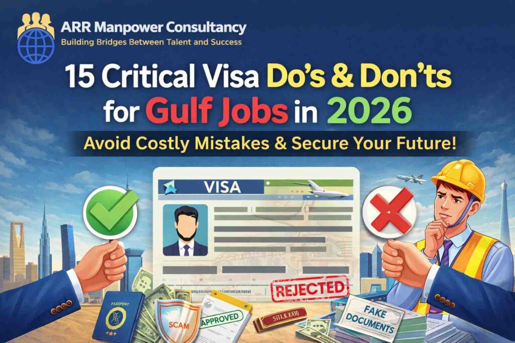 Gulf job visa process 2026 illustration showing approved and rejected visa documents, manpower worker, and recruitment consultancy guidance