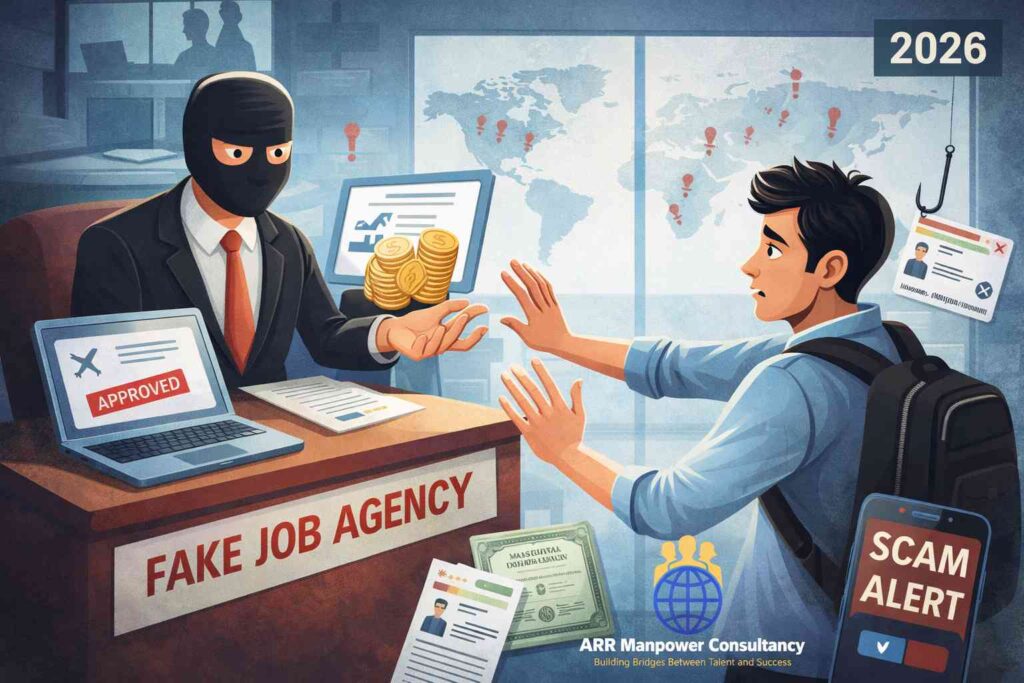 Job seeker avoiding a fake job agency scam while ARR Manpower Consultancy promotes safe recruitment in 2026