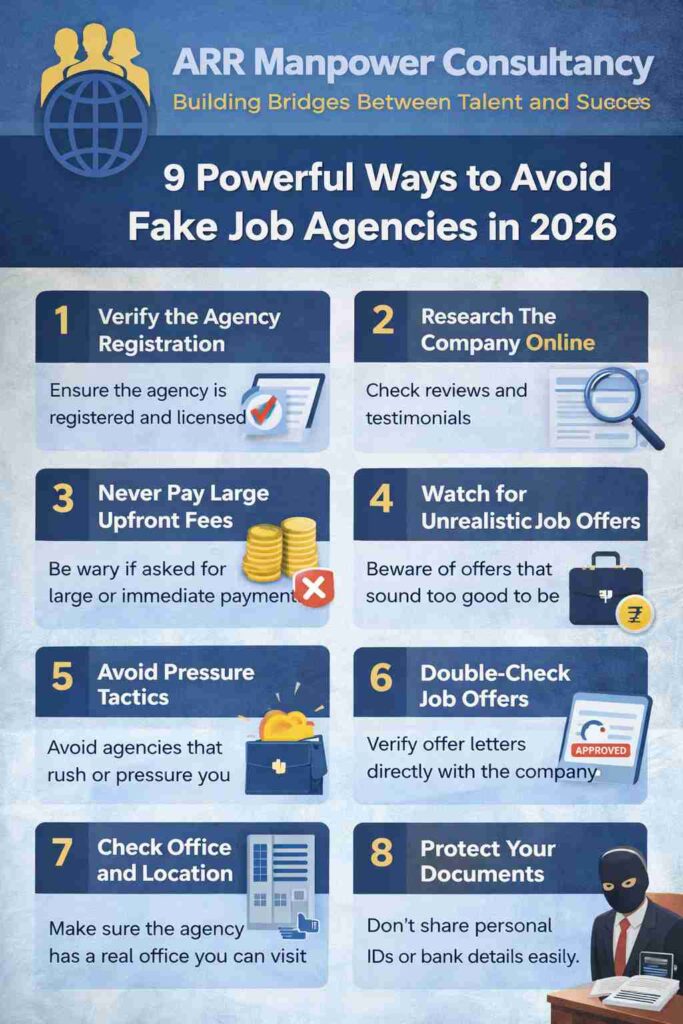Infographic showing 9 ways to avoid fake job agencies in 2026 by ARR Manpower Consultancy