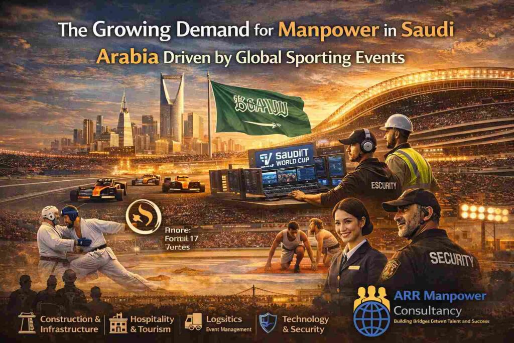 Digital illustration of sports infrastructure, esports, and international events in Saudi Arabia highlighting growing manpower opportunities and workforce demand.