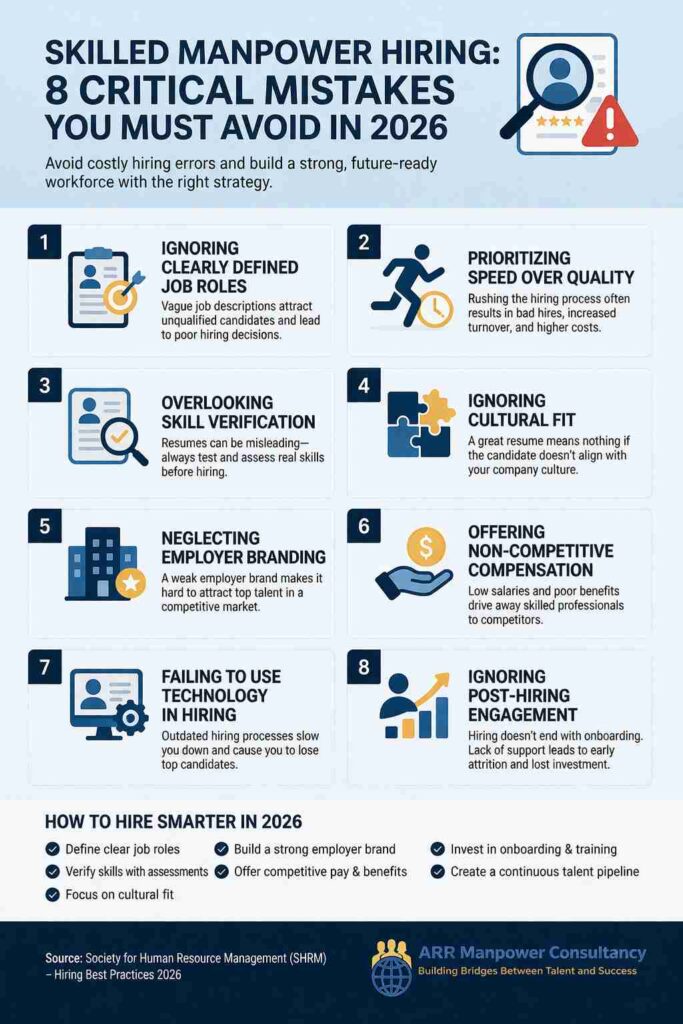 Infographic showing 8 critical mistakes in skilled manpower hiring and how to avoid them for better recruitment in 2026
