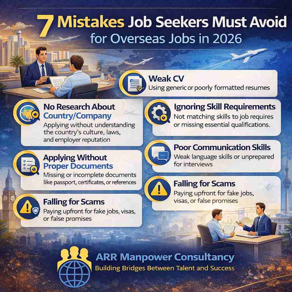 Infographic by ARR Manpower Consultancy showing 7 common mistakes job seekers make before applying for overseas jobs in 2026, including weak CV, lack of research, poor communication skills, missing documents, and falling for job scams.