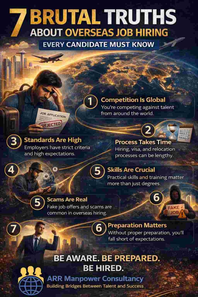 “Infographic showing 7 brutal truths every candidate must know about overseas job hiring, including competition, skills, preparation, and recruitment challenges”