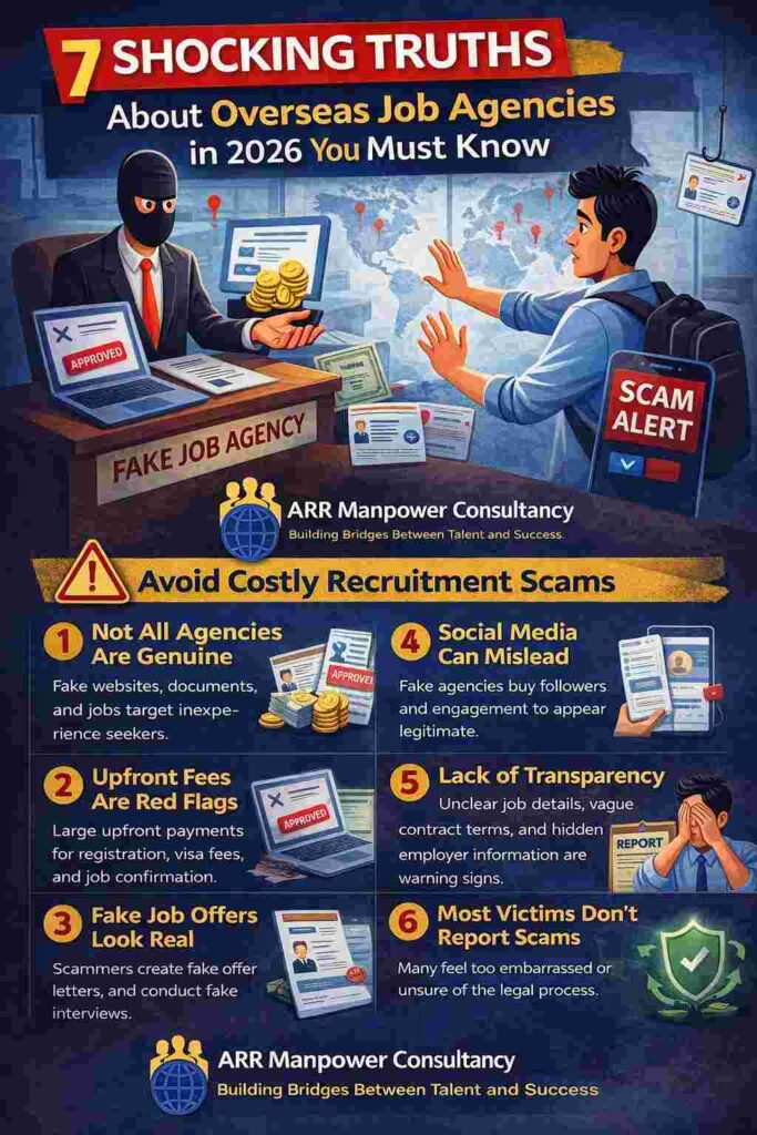 Infographic highlighting 7 warning signs of fake overseas job agencies in 2026, including upfront fees, fake offers, lack of transparency, and misleading social media practices.