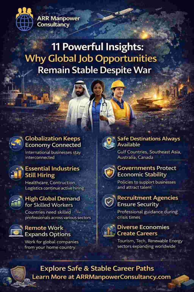 Infographic by ARR Manpower Consultancy titled “11 Powerful Insights: Why Global Job Opportunities Remain Stable Despite War,” featuring a global map background with professionals from healthcare, construction, and Middle Eastern sectors, along with icons representing globalization, skilled workforce demand, remote work, economic stability, and safe international job destinations, emphasizing resilience in global employment markets.
