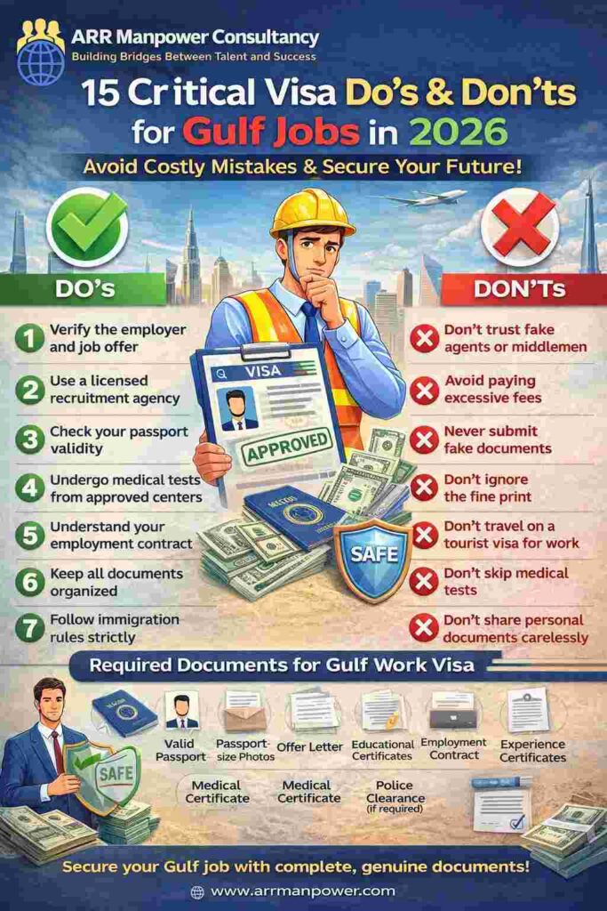 Gulf jobs visa process 2026 infographic showing do’s and don’ts, approved visa tips, common mistakes, and required documents for overseas employment