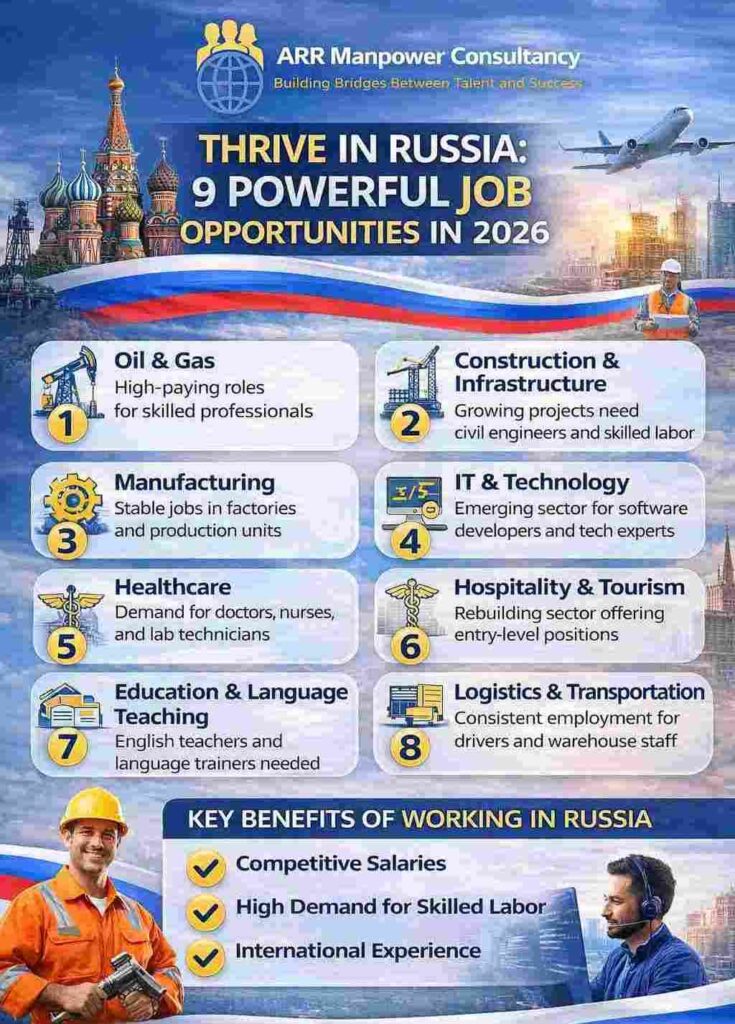 “Russian jobs 2026 infographic showing top 9 career opportunities in oil, construction, IT, healthcare and manufacturing sectors”