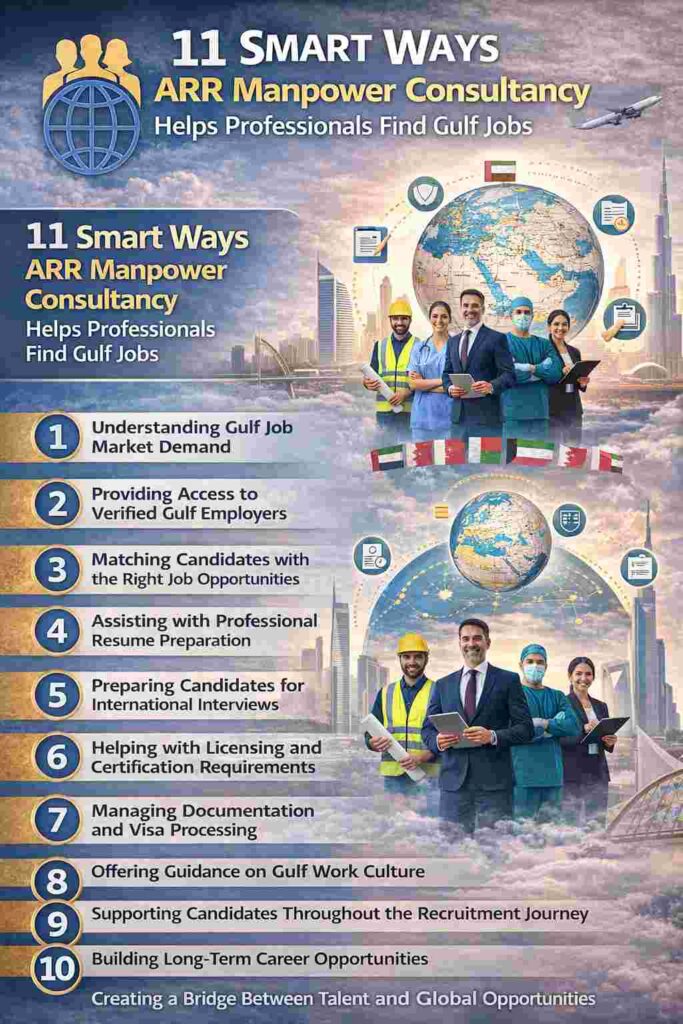 Infographic showing 11 smart ways ARR Manpower Consultancy helps professionals find Gulf jobs, including verified employers, resume support, interview preparation, visa processing, and international career opportunities in the Gulf region.