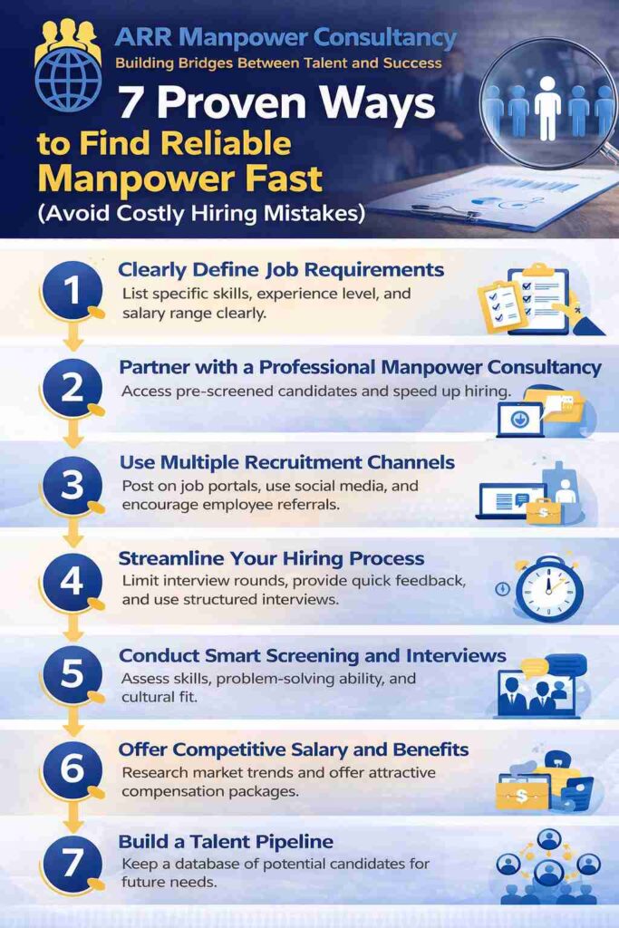 “Infographic showing 7 proven ways to find reliable manpower fast including hiring strategies, screening, and recruitment process steps”