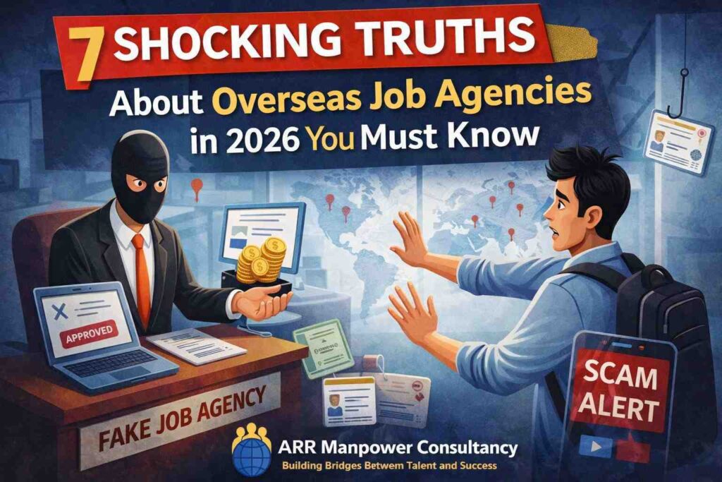 Illustration showing a fake overseas job agency scam in 2026 where a job seeker rejects a fraudulent recruiter offering money, highlighting the risks of overseas job agency scams.