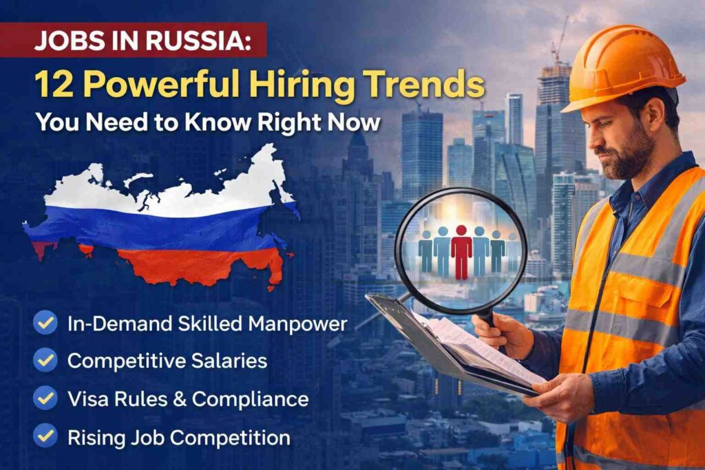 “Jobs in Russia 2026 infographic showing hiring trends, skilled manpower demand, salary growth, and visa compliance with a construction worker analyzing recruitment data.”