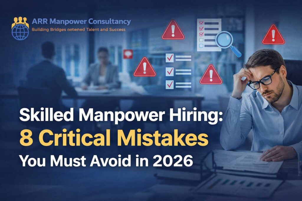 Skilled manpower hiring mistakes illustration showing a stressed hiring manager reviewing candidates during recruitment process in 2026