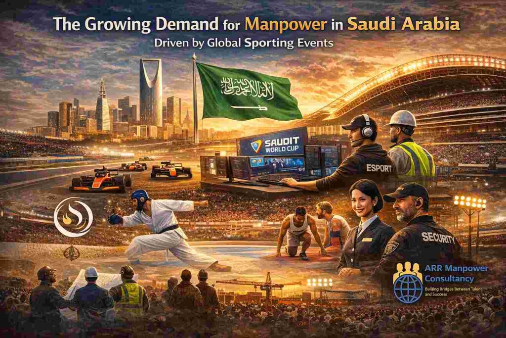 Illustration showing global sporting events in Saudi Arabia creating workforce opportunities across construction, hospitality, logistics, and technology sectors with ARR Manpower Consultancy branding.