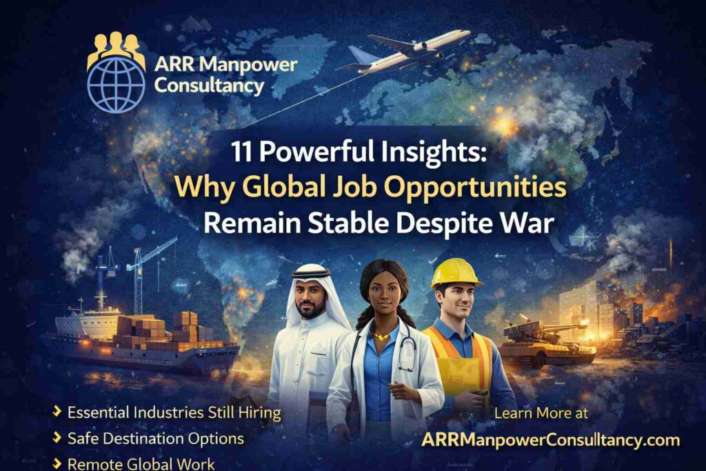 A professional infographic by ARR Manpower Consultancy illustrating global job opportunities remaining stable despite war, featuring a world map, airplane, cargo ship, construction cranes, and diverse professionals including a doctor, engineer, and Middle Eastern worker, symbolizing international employment across industries.