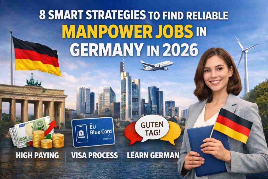 “Professional holding German flag with city skyline representing manpower jobs in Germany 2026 with visa and career opportunities”