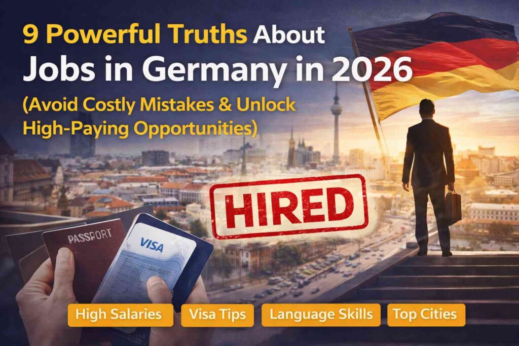 “Professional holding passport and visa with Germany city background and hired stamp representing job opportunities in Germany 2026”