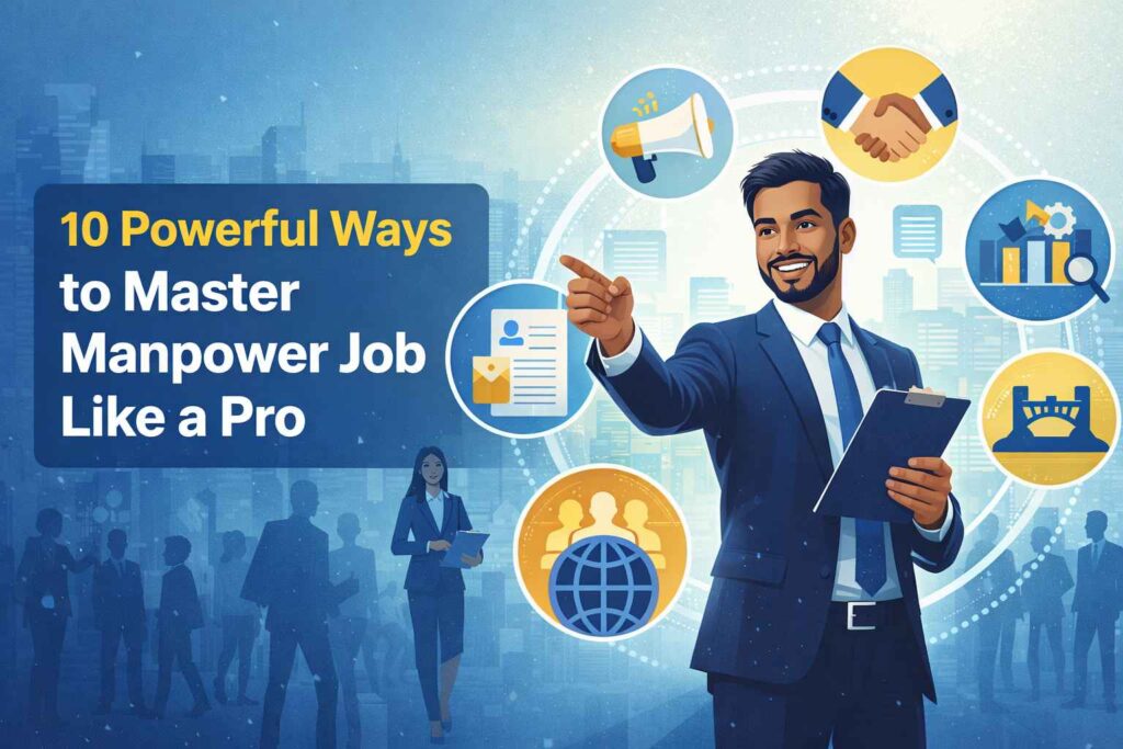Professional manpower consultant pointing at “10 Powerful Ways to Master Manpower Job Like a Pro” with recruitment and growth icons in the background.