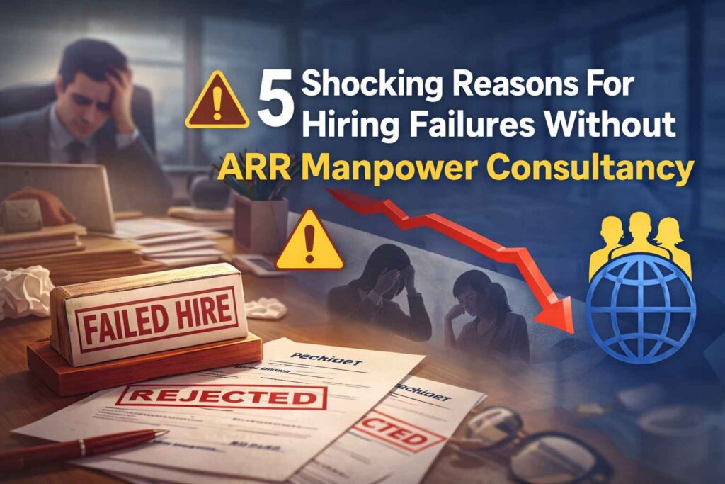 Failed hiring concept showing rejected resumes and stressed employer highlighting hiring failures without ARR Manpower Consultancy