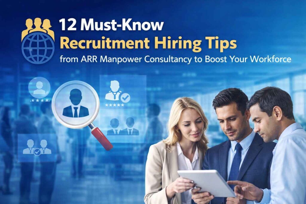 Recruitment hiring tips illustration with professionals analyzing candidate profiles and ARR Manpower Consultancy branding