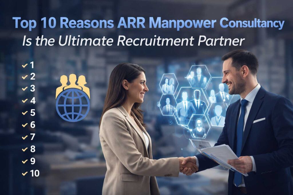“ARR Manpower Consultancy recruitment partnership concept with professionals handshake and hiring network illustration”