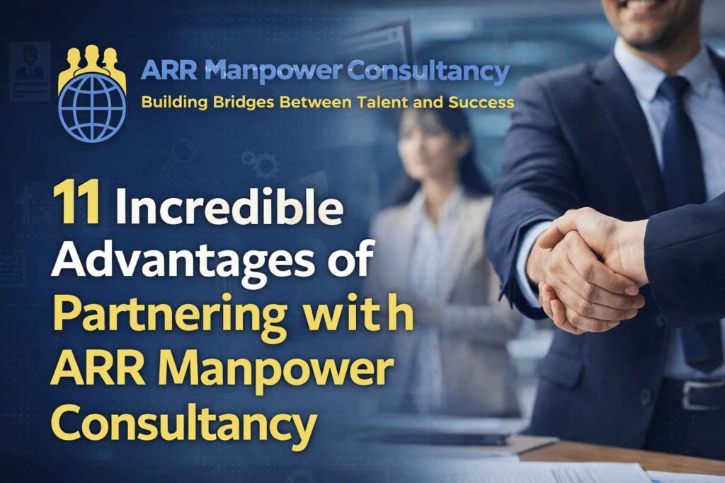 “Business professionals shaking hands with ARR Manpower Consultancy logo representing recruitment partnership and hiring success”