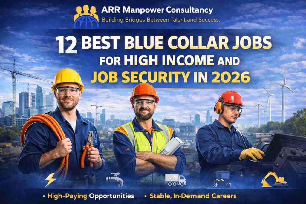“Workers in construction, electrical and industrial roles representing high paying blue collar jobs with job security in 2026”