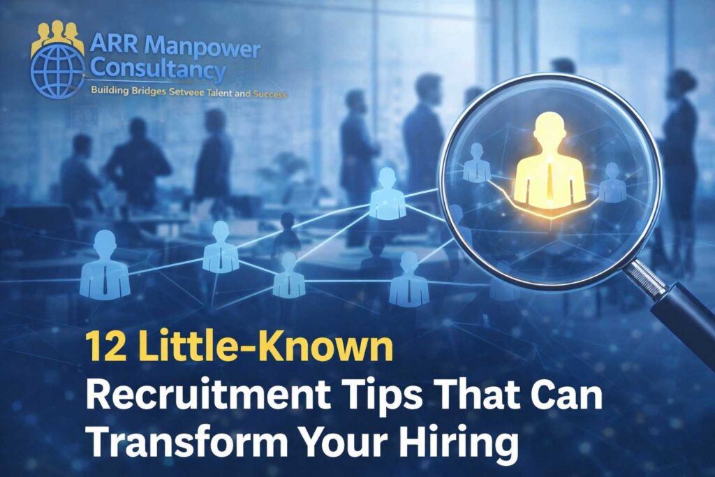 “Infographic showing 12 recruitment tips to attract and hire the best candidates using modern hiring strategies”