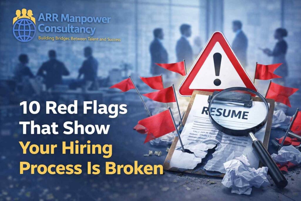 “Illustration showing red flags and warning sign over a resume highlighting problems in hiring process and recruitment mistakes”