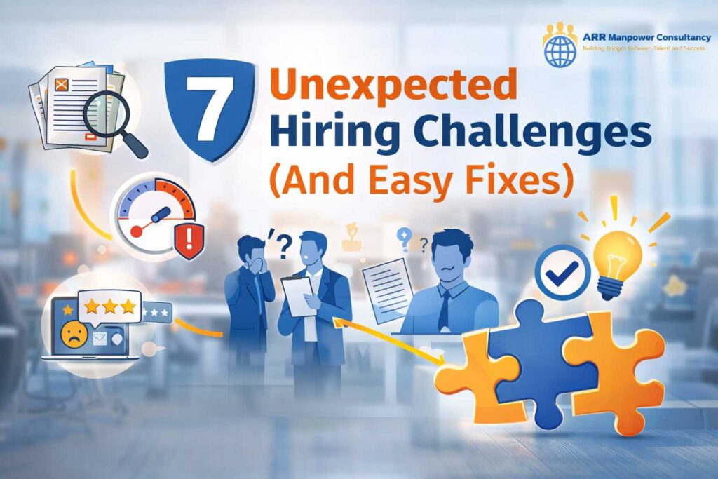 “7 unexpected hiring challenges and easy fixes illustrated with recruitment icons and ARR Manpower Consultancy branding”