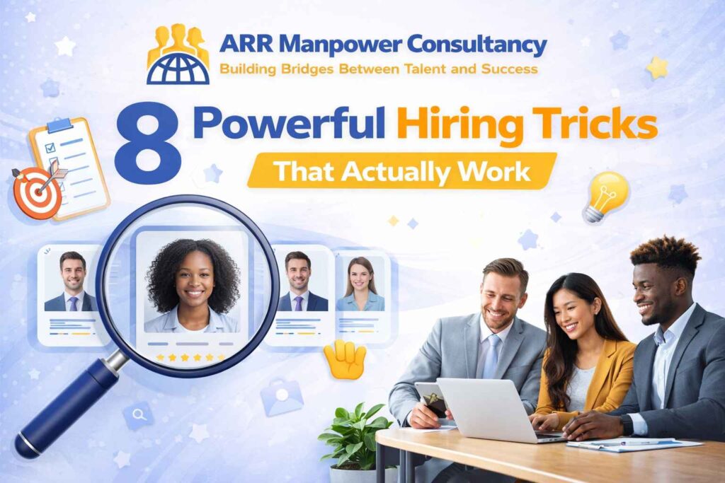 “8 powerful hiring tricks that work featuring recruitment strategies, candidate selection, and ARR Manpower Consultancy branding”