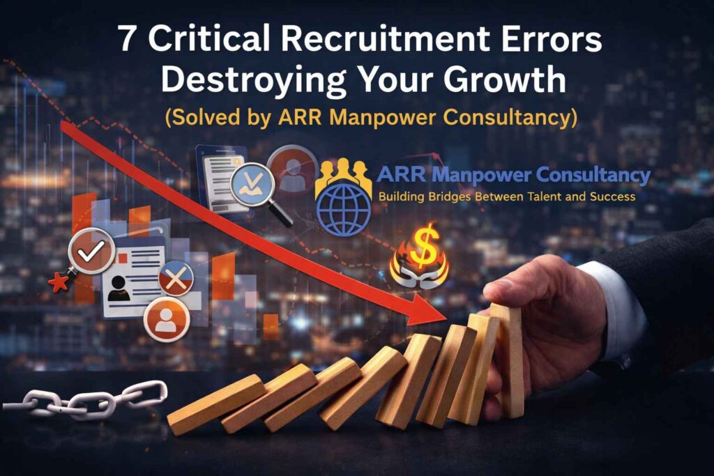 “7 critical recruitment errors destroying business growth with declining graph and hiring mistakes concept by ARR Manpower Consultancy”