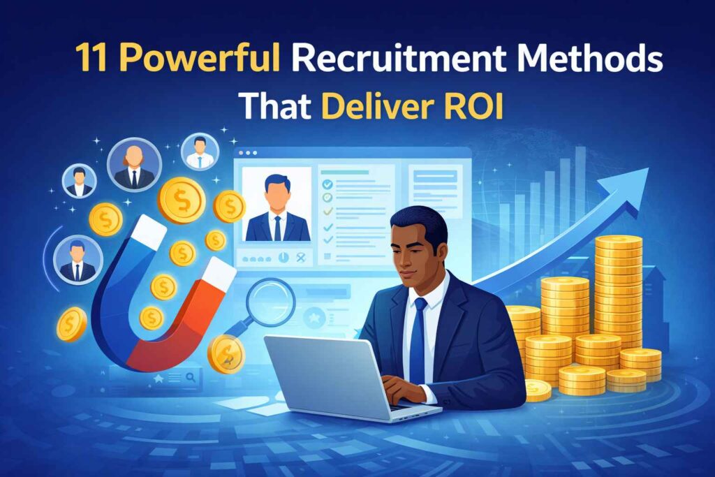 “Illustration of recruitment methods driving ROI with hiring tools, candidate profiles, and rising financial growth chart”