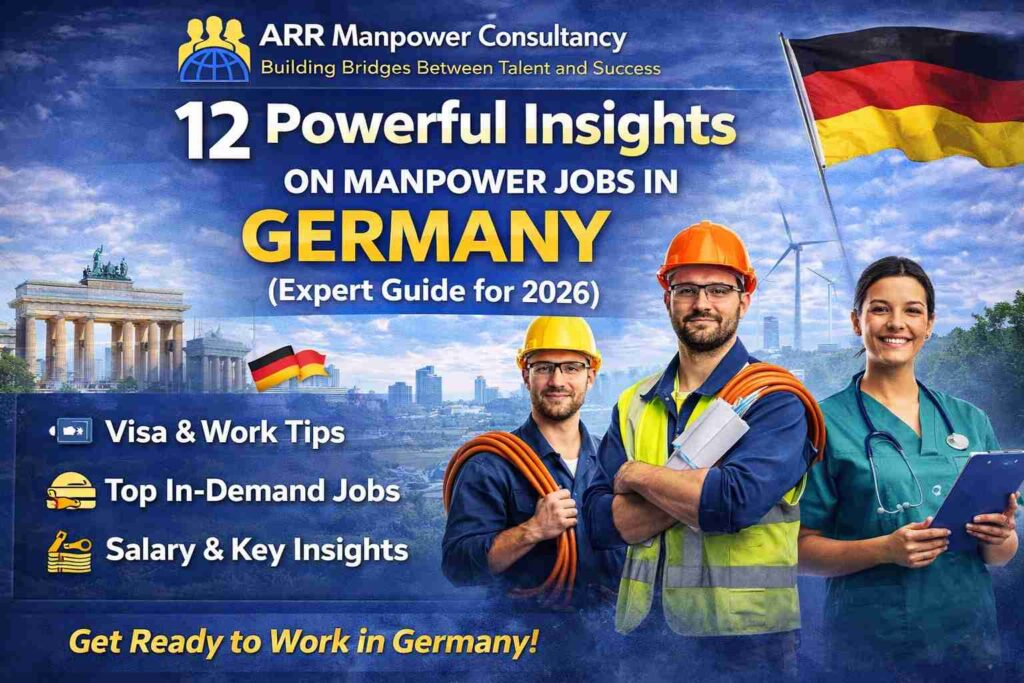 “Infographic banner showing manpower jobs in Germany 2026 with workers, German flag, visa tips and career opportunities”