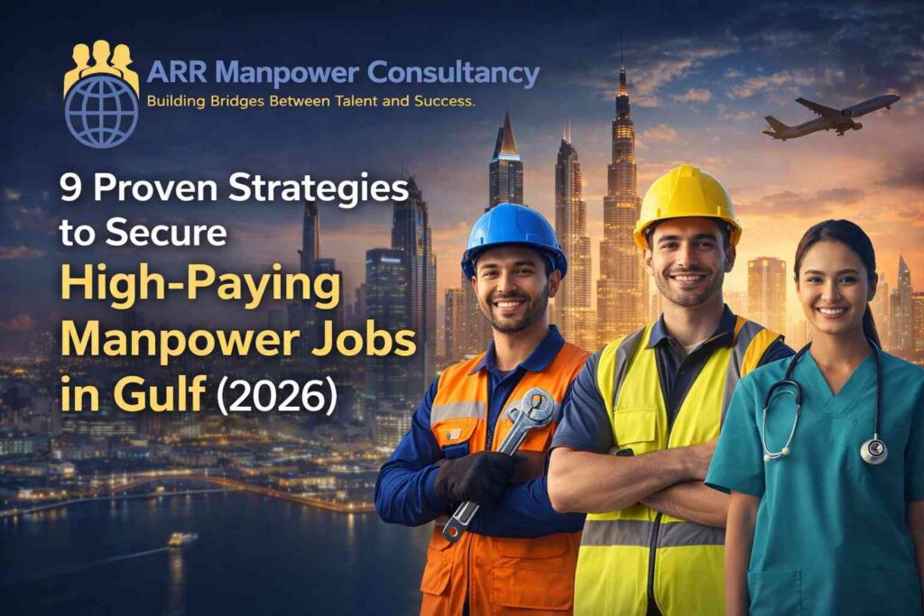 “Manpower jobs in Gulf 2026 featuring skilled workers and skyline representing high-paying job opportunities in UAE, Qatar, and Saudi Arabia”