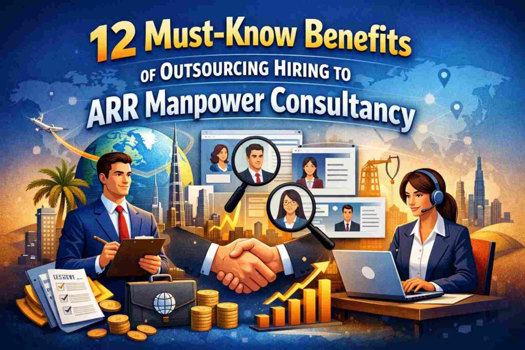 Outsourcing hiring benefits with ARR Manpower Consultancy showing global recruitment, candidate selection, and business growth illustration