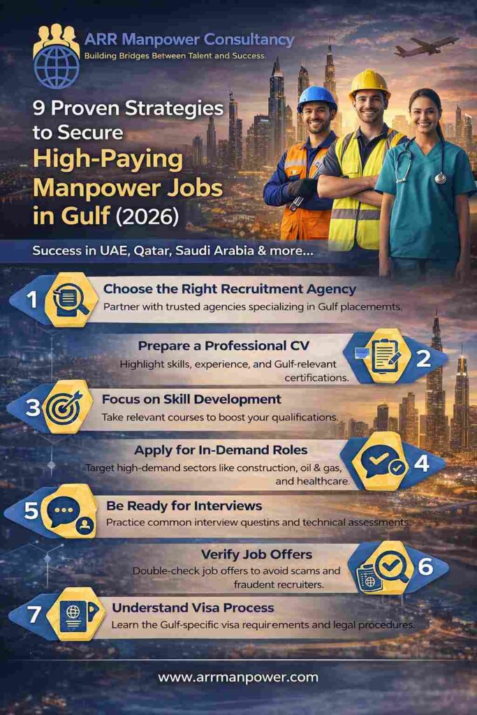 “Infographic showing 9 proven strategies to secure high-paying manpower jobs in Gulf countries like UAE, Qatar, and Saudi Arabia in 2026”