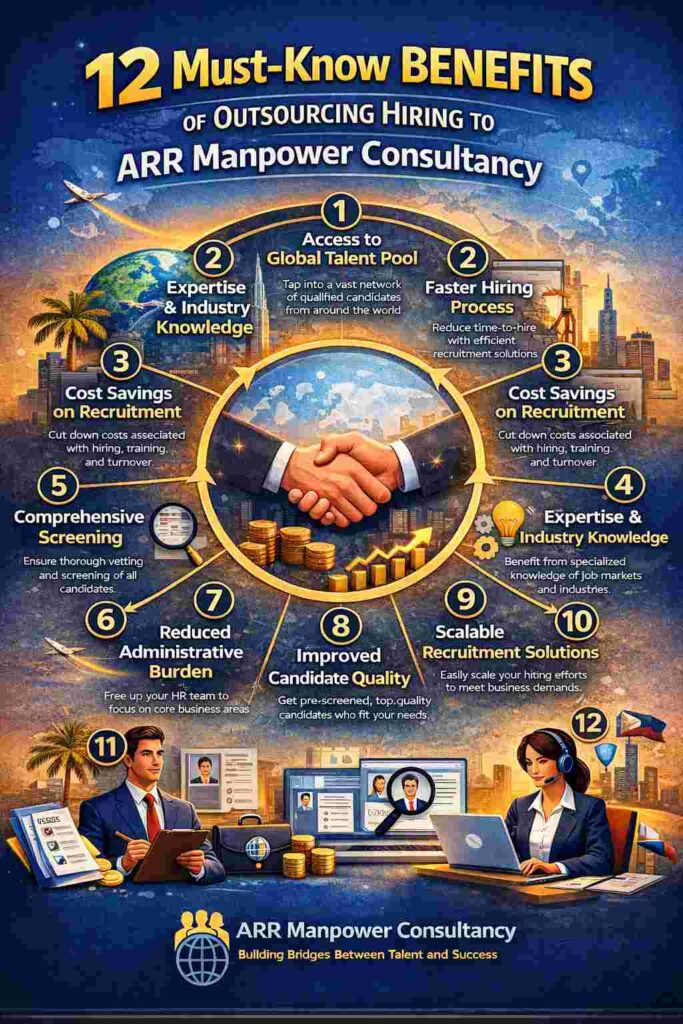 Infographic showing 12 benefits of outsourcing hiring to ARR Manpower Consultancy with numbered points from 1 to 12 including faster hiring, cost savings, and global talent access