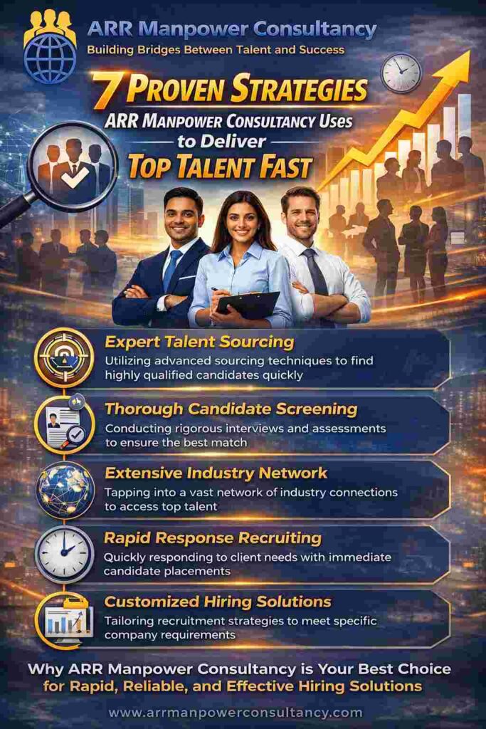 “Infographic showing 7 proven recruitment strategies by ARR Manpower Consultancy to deliver top talent quickly and efficiently”