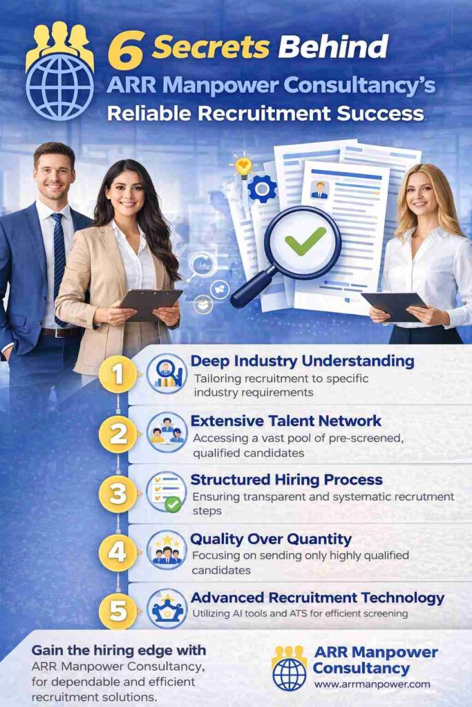 “Infographic showing 6 secrets of ARR Manpower Consultancy for reliable recruitment success and efficient hiring strategies”
