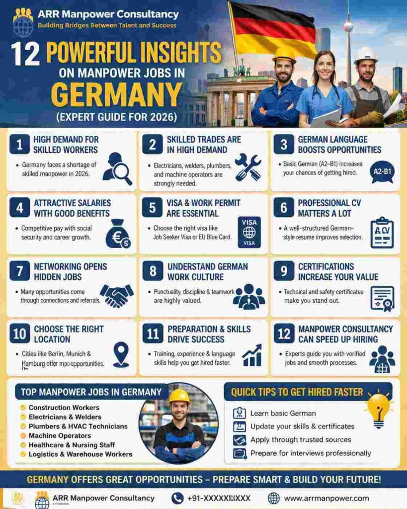 “Infographic showing 12 powerful insights on manpower jobs in Germany 2026 including demand, salaries, visa and job tips”