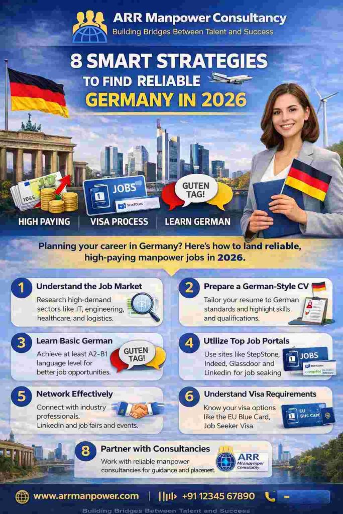 “Infographic showing 8 smart strategies to find reliable manpower jobs in Germany in 2026 including CV, visa, language and networking tips”