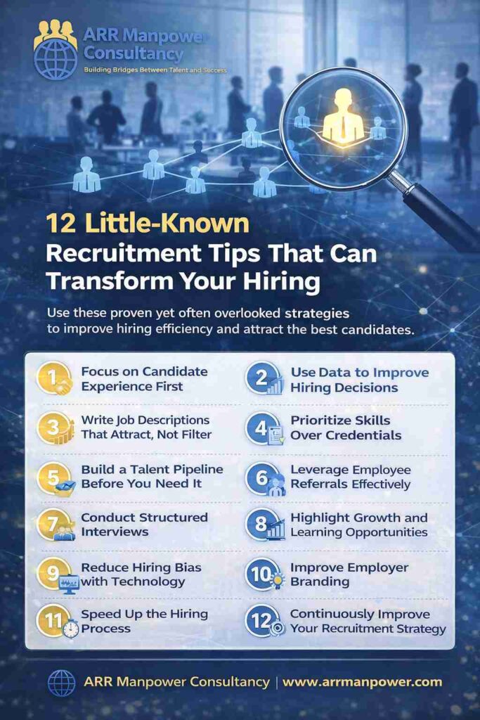 “Infographic presenting 12 recruitment tips to attract qualified candidates and improve hiring outcomes”