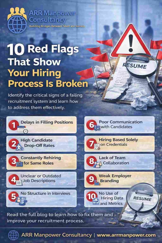 “Infographic showing 10 red flags in hiring process including delays, poor communication with candidates, and weak employer branding”