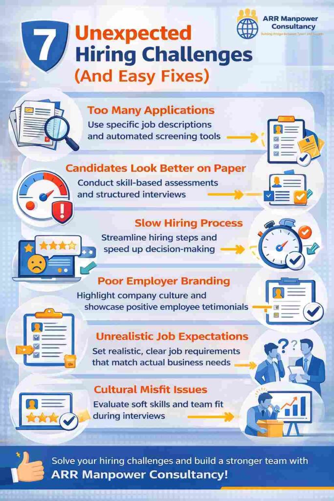 “Infographic showing 7 unexpected hiring challenges and easy recruitment solutions by ARR Manpower Consultancy”