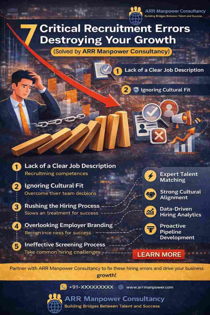“7 critical recruitment errors destroying business growth with declining graph and hiring mistakes concept by ARR Manpower Consultancy”